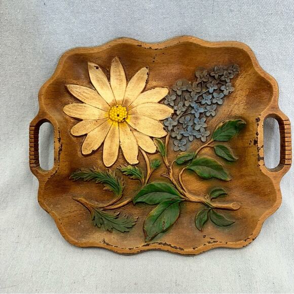 Vintage MCM scalloped wood look serving tray with raised painted floral pattern - Picture 1 of 16